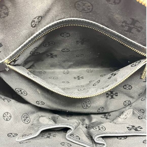 Tory Burch Robinson Logo Monogram Leather Dome Tote Shoulder Bag Black Gold - Picture 13 of 14
